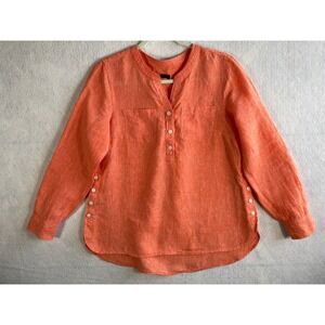 Talbots Petite Orange 100% Linen Long Sleeve Tunic Top MP Side Button Detail